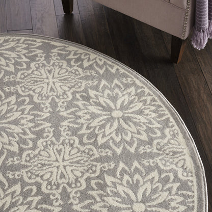 5' Gray Round Floral Power Loom Area Rug