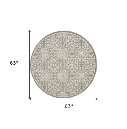 5' Gray Round Floral Power Loom Area Rug