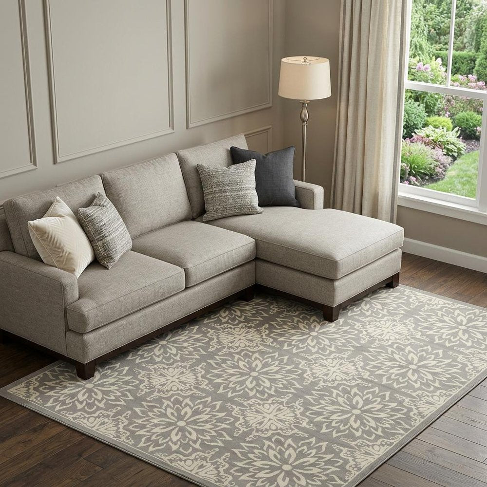 7' X 10' Gray Floral Power Loom Area Rug