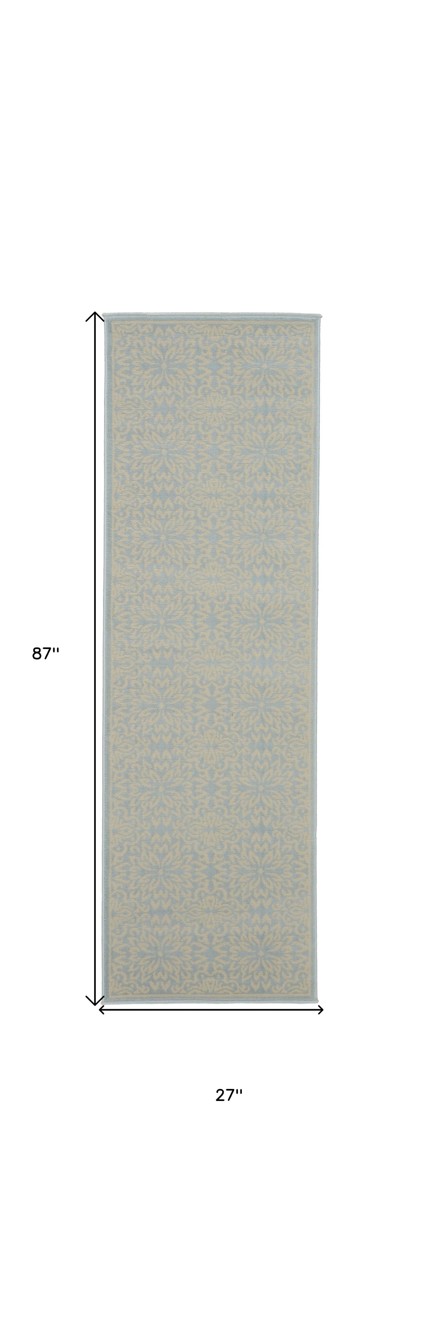 7' Light Blue Floral Power Loom Runner Rug