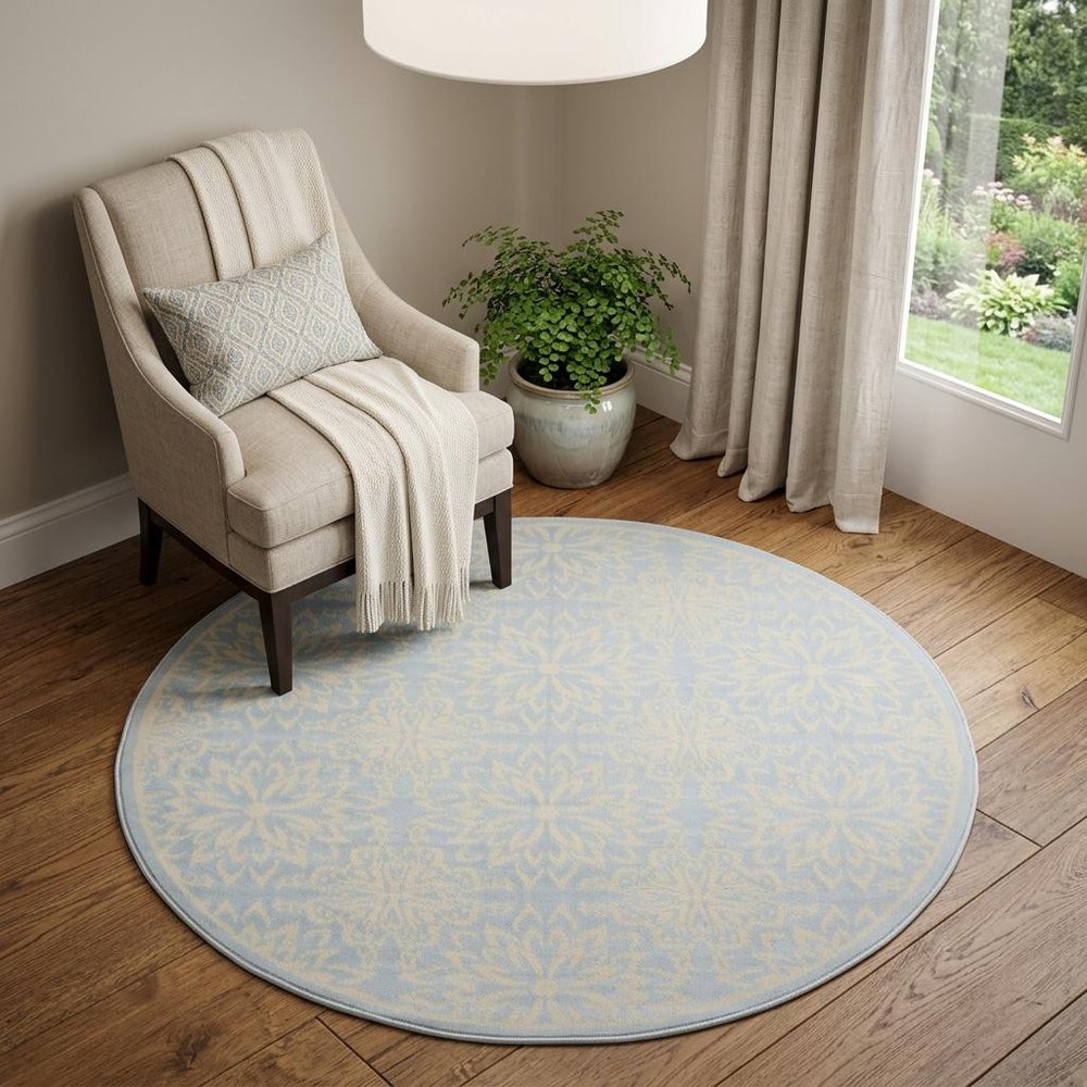 5' Light Blue Round Floral Power Loom Area Rug