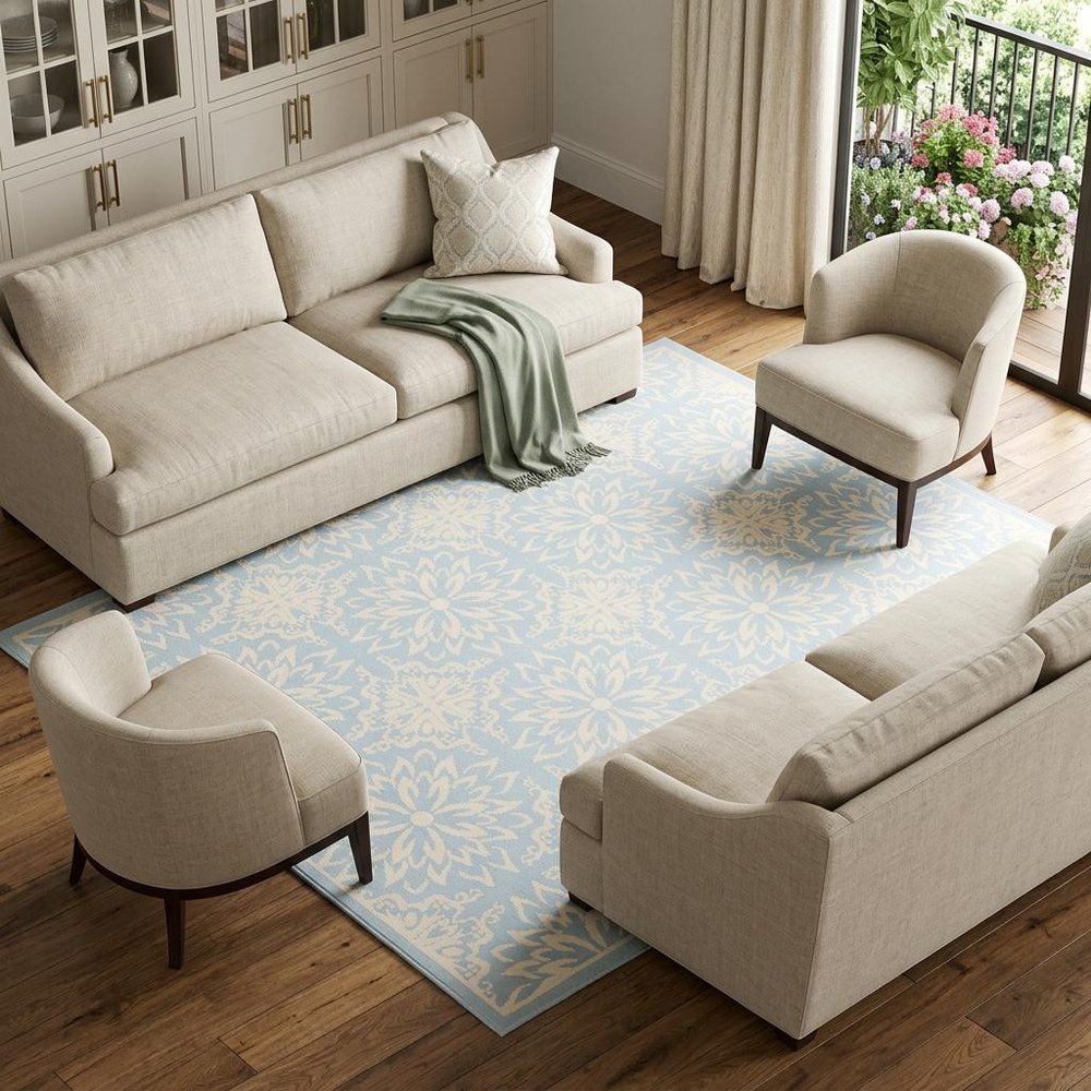 6' X 9' Light Blue Floral Power Loom Area Rug