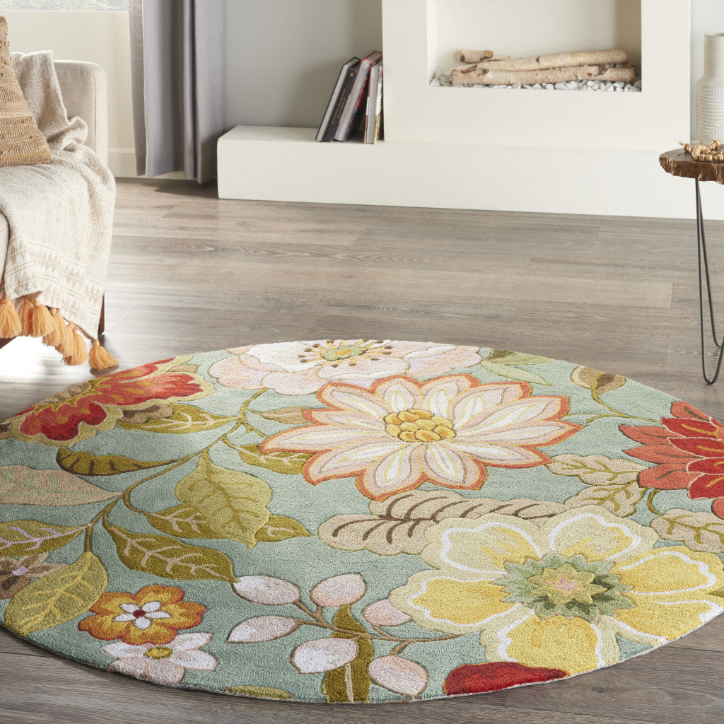 6' Green Round Floral Hand Hooked Handmade Area Rug