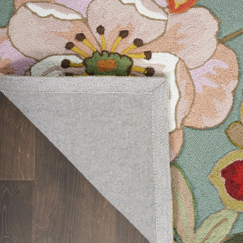 8' X 11' Green Floral Hand Hooked Area Rug