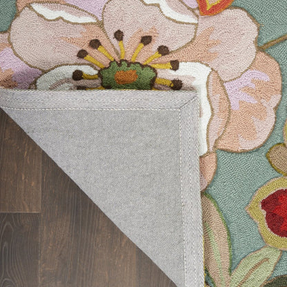 8' X 11' Green Floral Hand Hooked Area Rug