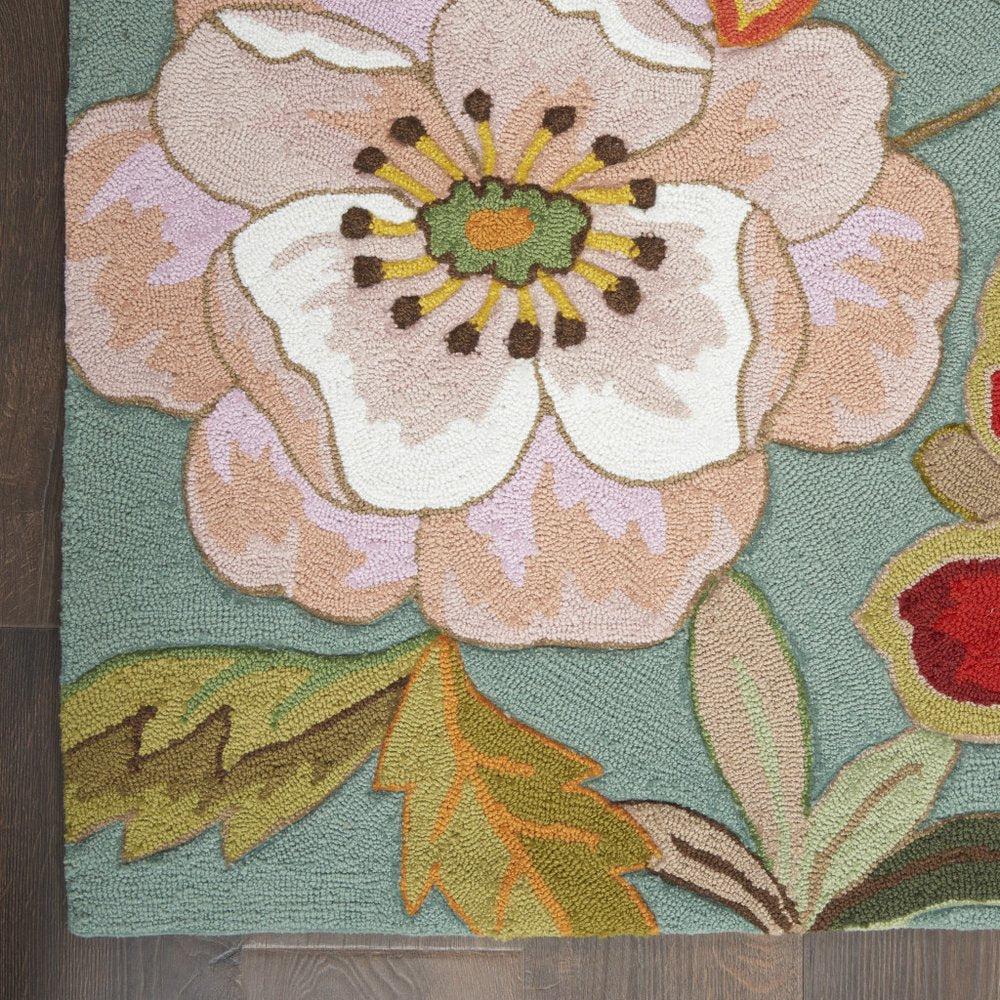 8' X 11' Green Floral Hand Hooked Area Rug