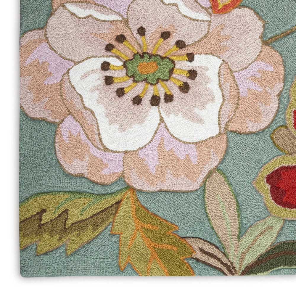 8' X 11' Green Floral Hand Hooked Area Rug