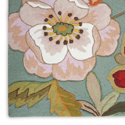 8' X 11' Green Floral Hand Hooked Area Rug
