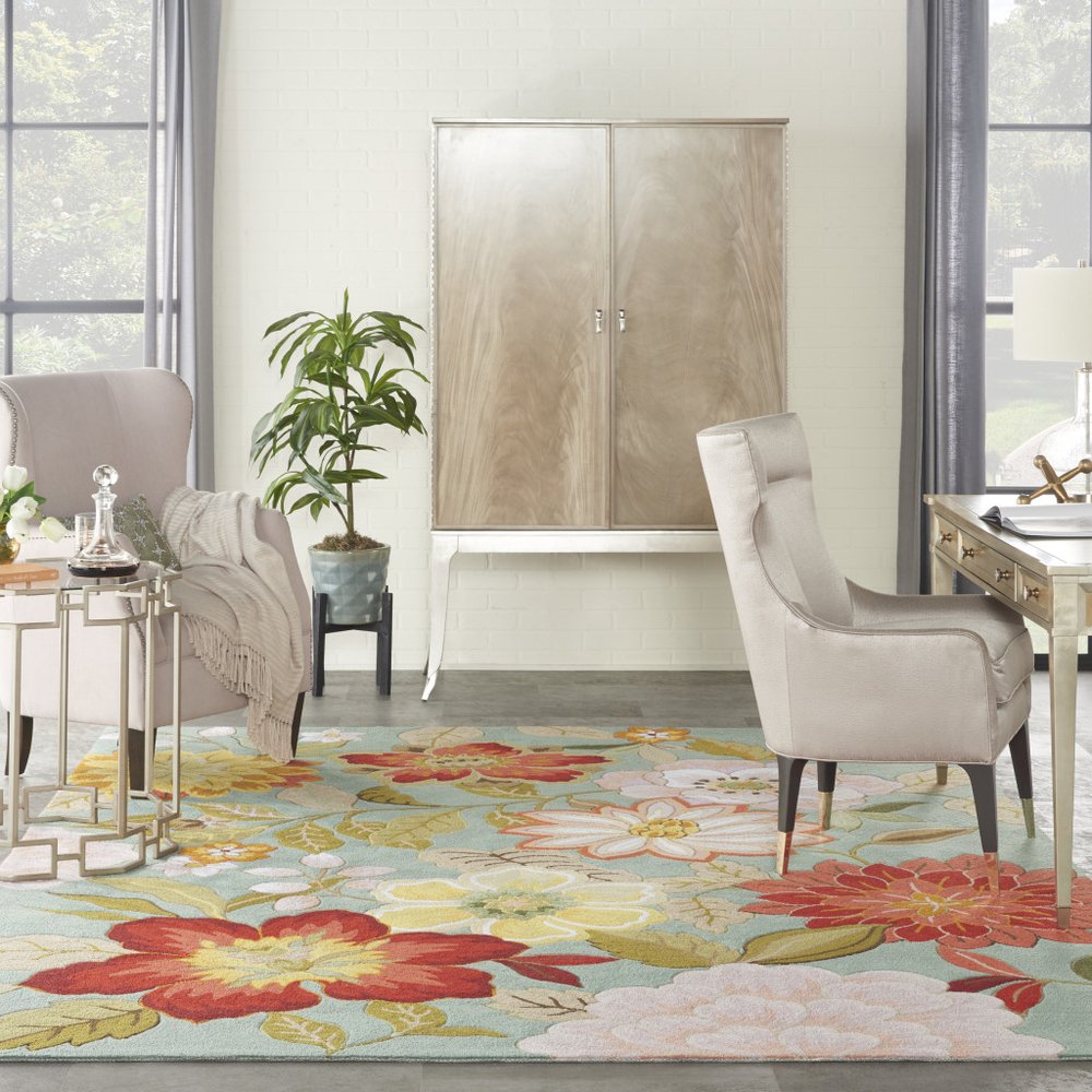 8' X 11' Green Floral Hand Hooked Area Rug