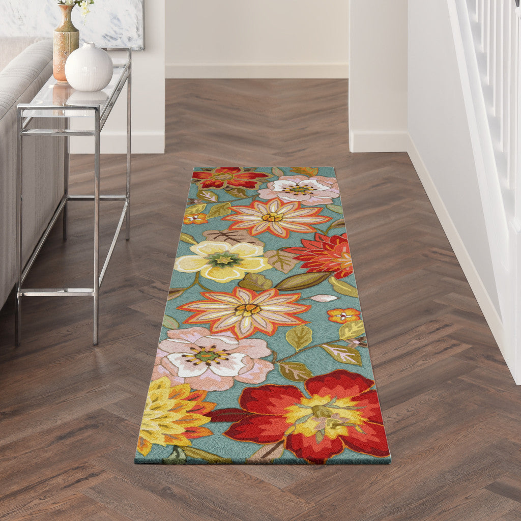 8' Green Floral Hand Hooked Handmade Runner Rug