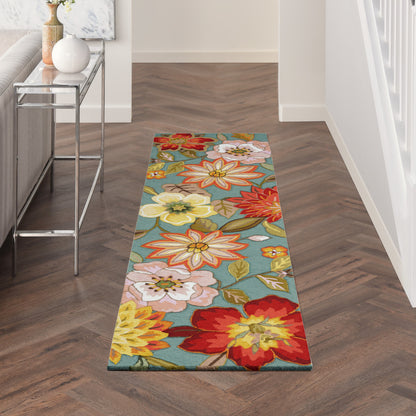 8' Green Floral Hand Hooked Handmade Runner Rug