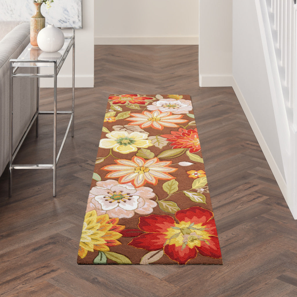 8' Brown Floral Hand Hooked Handmade Runner Rug