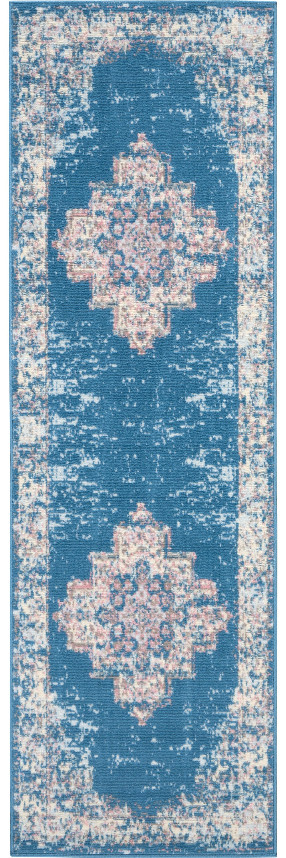 8' Blue Damask Power Loom Runner Rug