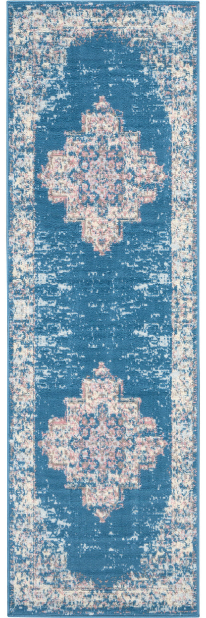 8' Blue Damask Power Loom Runner Rug