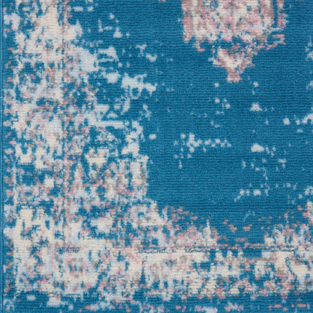 8' Blue Damask Power Loom Runner Rug