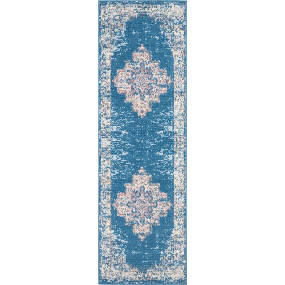 8' Blue Damask Power Loom Runner Rug