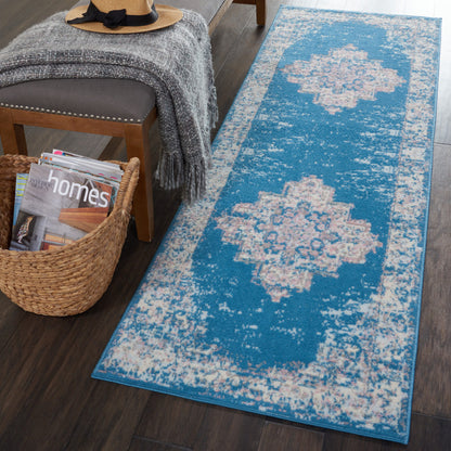 8' Blue Damask Power Loom Runner Rug