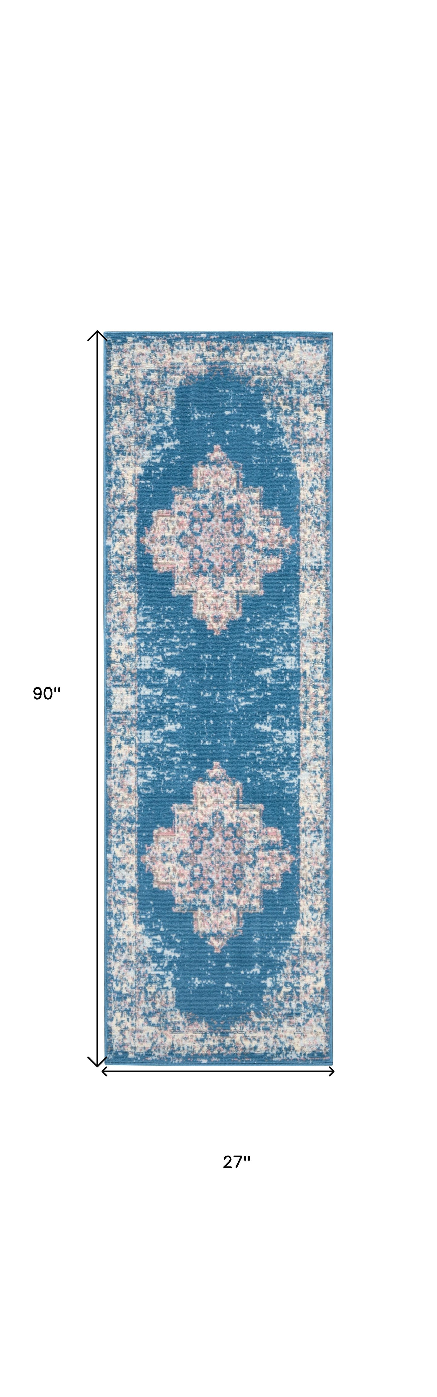 8' Blue Damask Power Loom Runner Rug