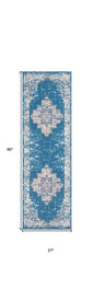 8' Blue Damask Power Loom Runner Rug