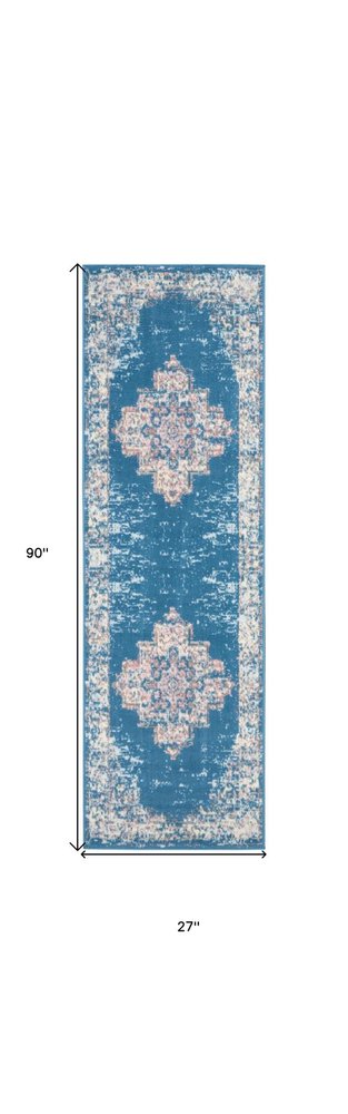 8' Blue Damask Power Loom Runner Rug