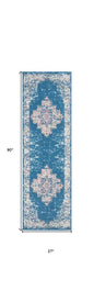 8' Blue Damask Power Loom Runner Rug