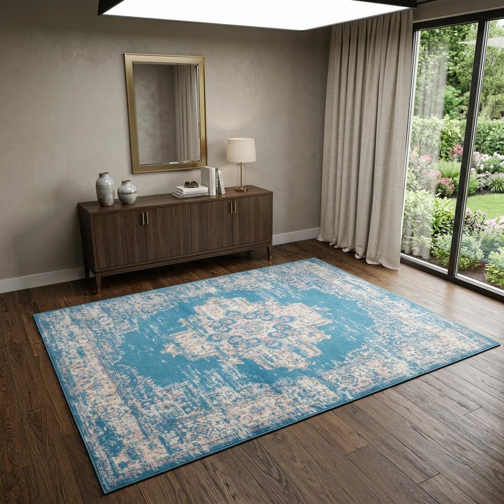 4' X 6' Blue Damask Power Loom Area Rug