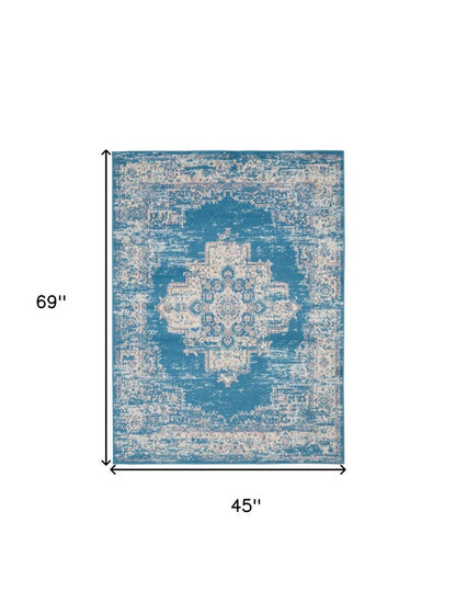 4' X 6' Blue Damask Power Loom Area Rug