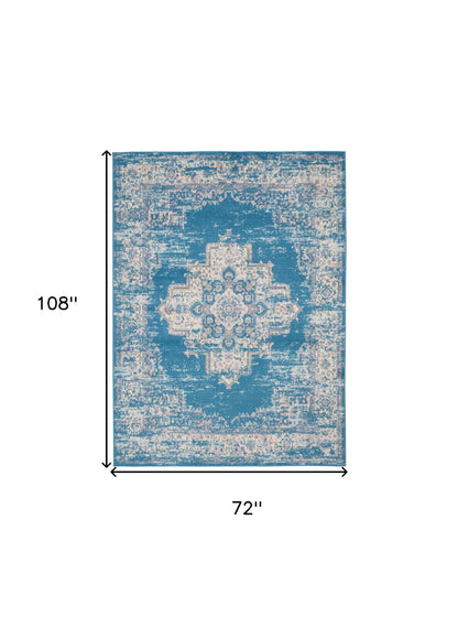 6' X 9' Blue Damask Power Loom Area Rug