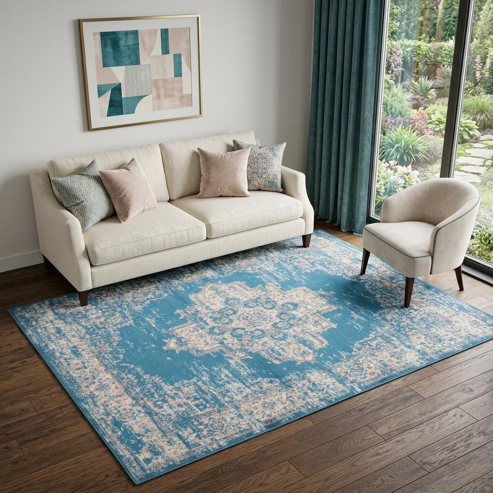 5' X 7' Blue Damask Power Loom Area Rug