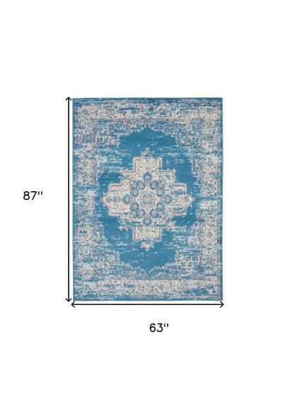 5' X 7' Blue Damask Power Loom Area Rug