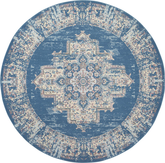 8' Blue Round Damask Power Loom Area Rug