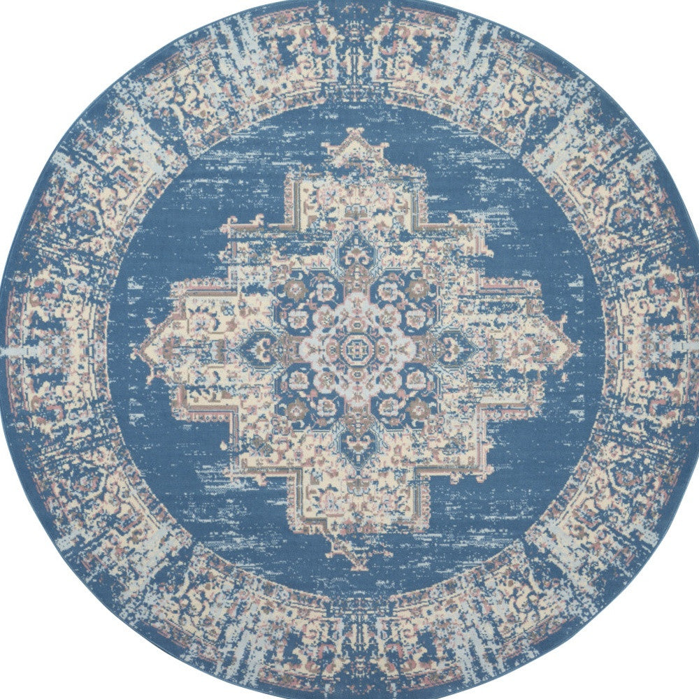 8' Blue Round Damask Power Loom Area Rug