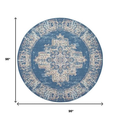 8' Blue Round Damask Power Loom Area Rug