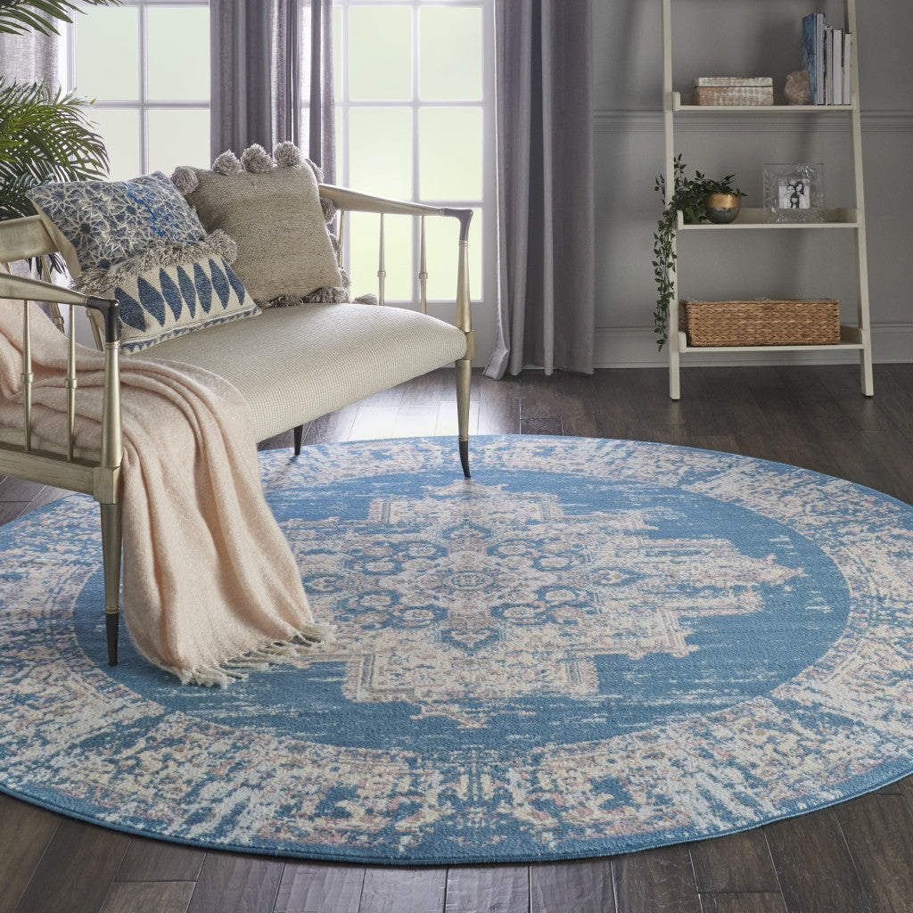 8' Blue Round Damask Power Loom Area Rug