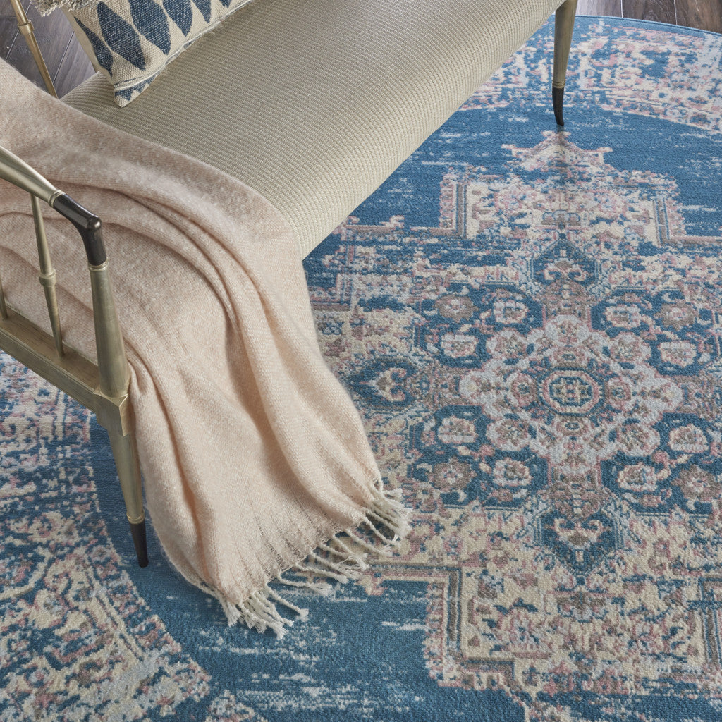 8' Blue Round Damask Power Loom Area Rug