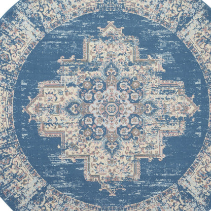 8' Blue Round Damask Power Loom Area Rug