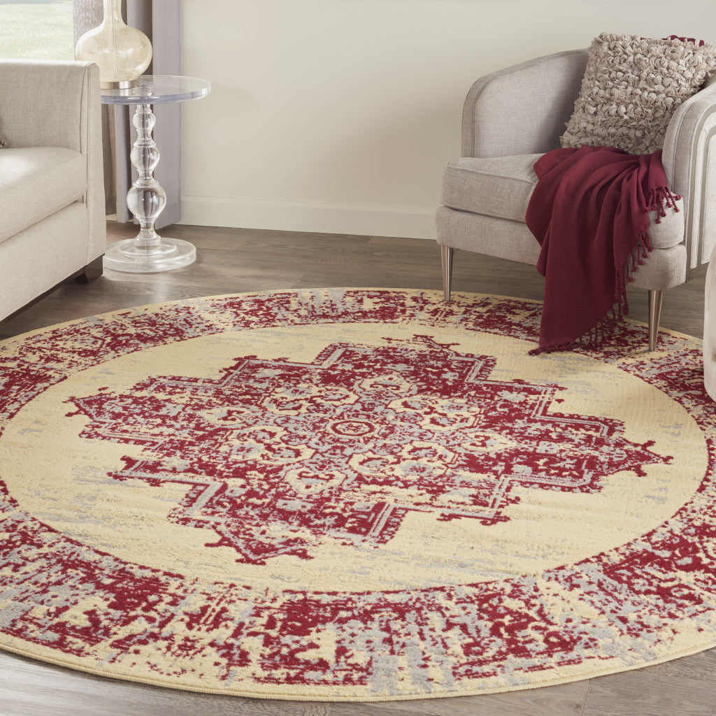 8' Cream Round Damask Power Loom Area Rug