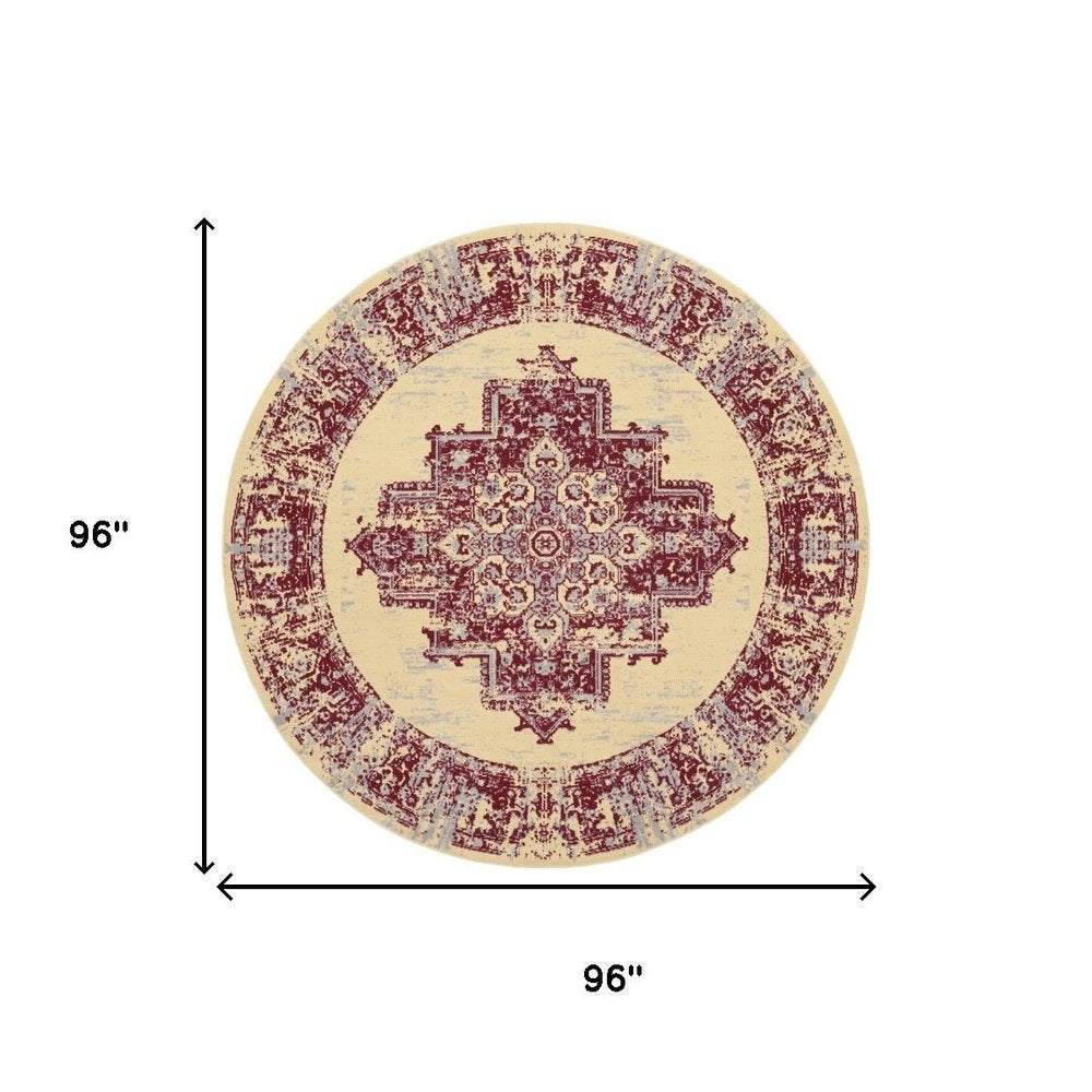 8' Cream Round Damask Power Loom Area Rug