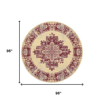 8' Cream Round Damask Power Loom Area Rug