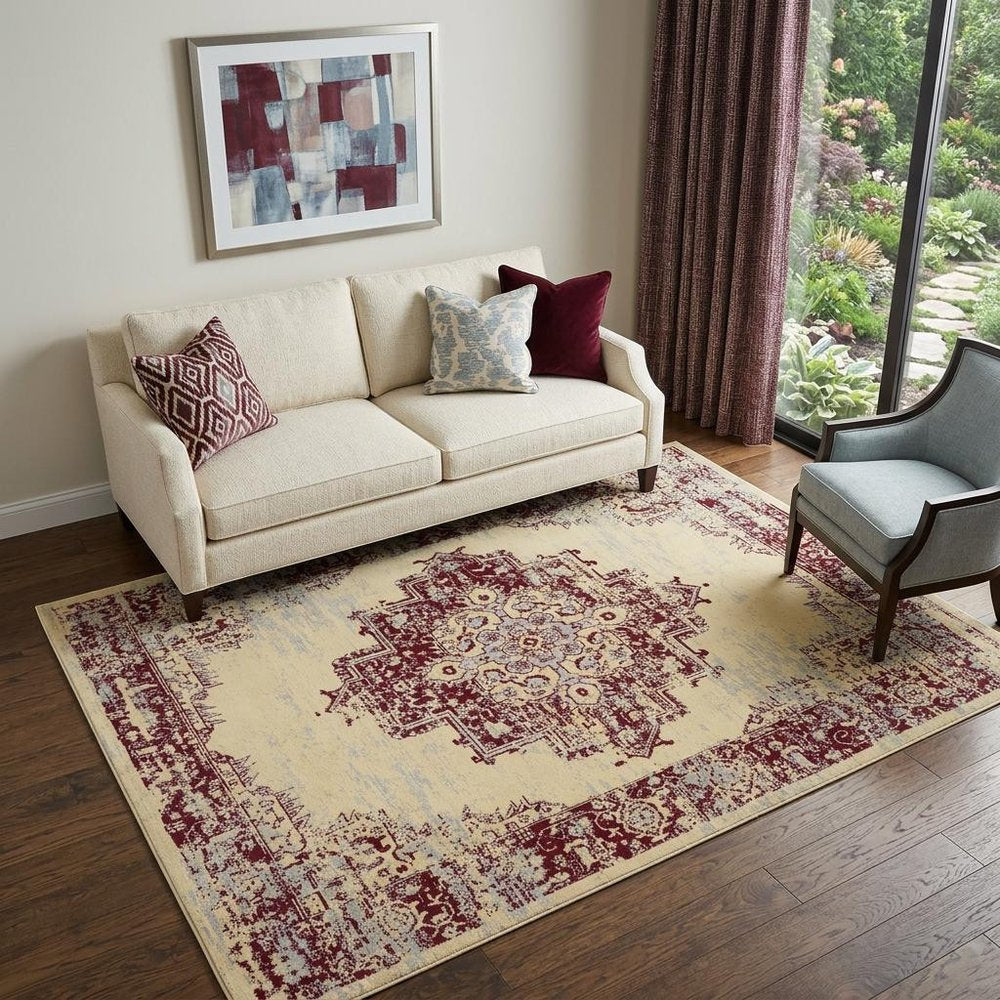 5' X 7' Cream Damask Power Loom Area Rug