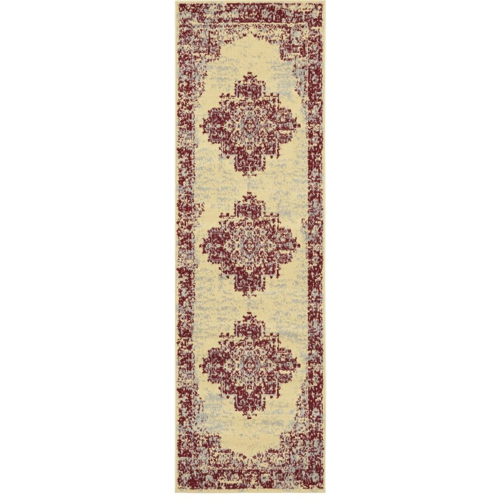 8' Cream Damask Power Loom Runner Rug