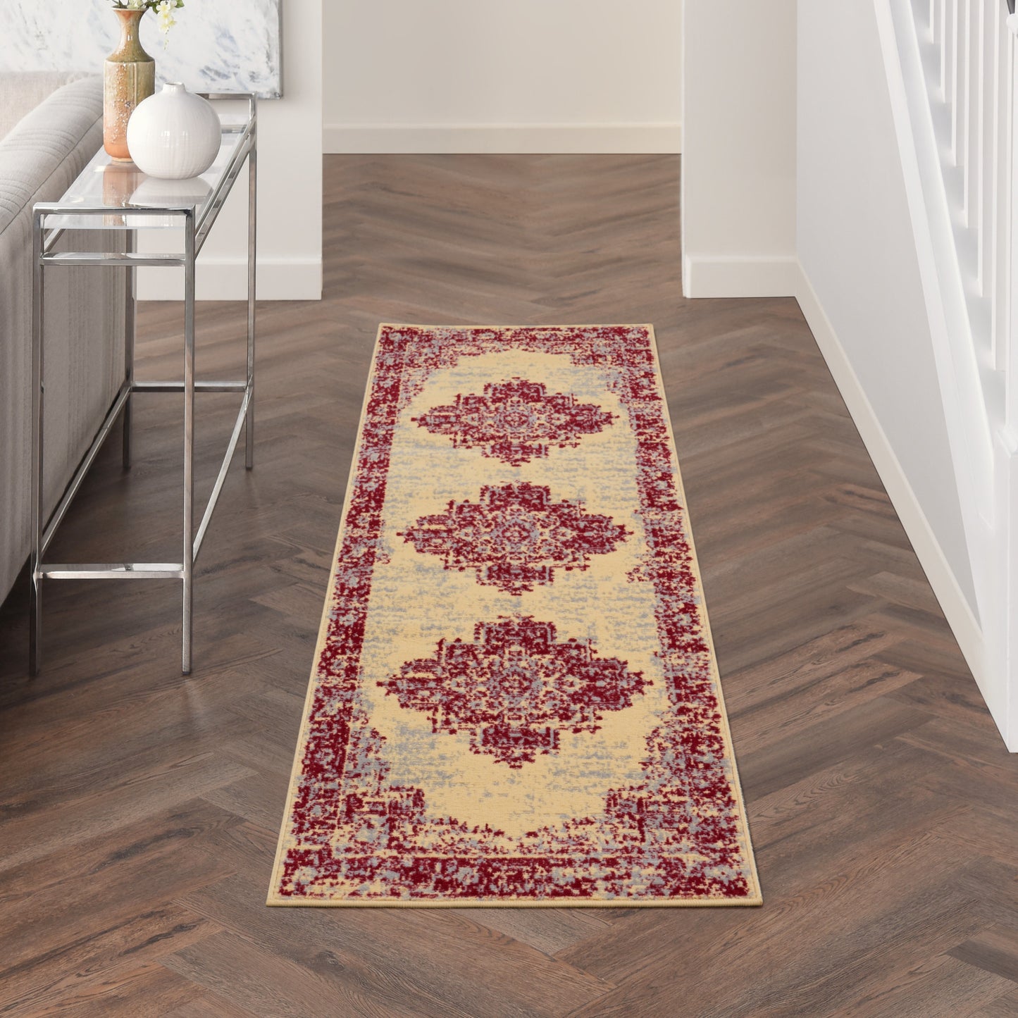 8' Cream Damask Power Loom Runner Rug