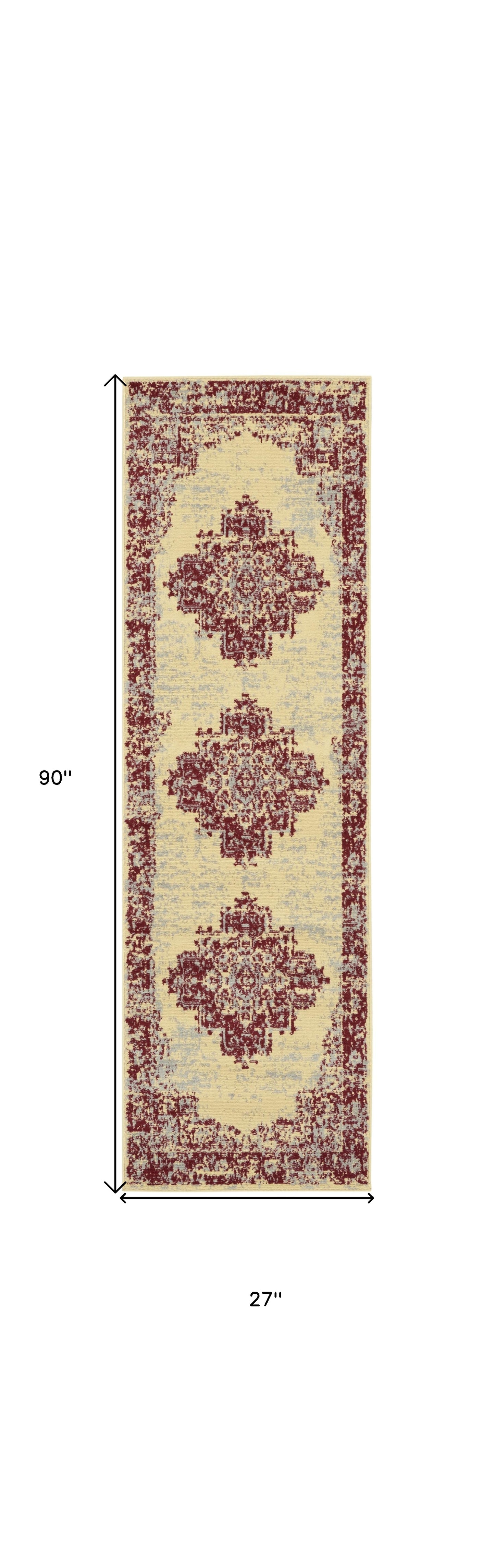 8' Cream Damask Power Loom Runner Rug