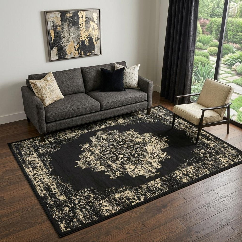 5' X 7' Cream Damask Power Loom Area Rug