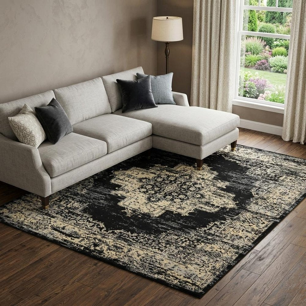 7' X 10' Cream Damask Power Loom Area Rug