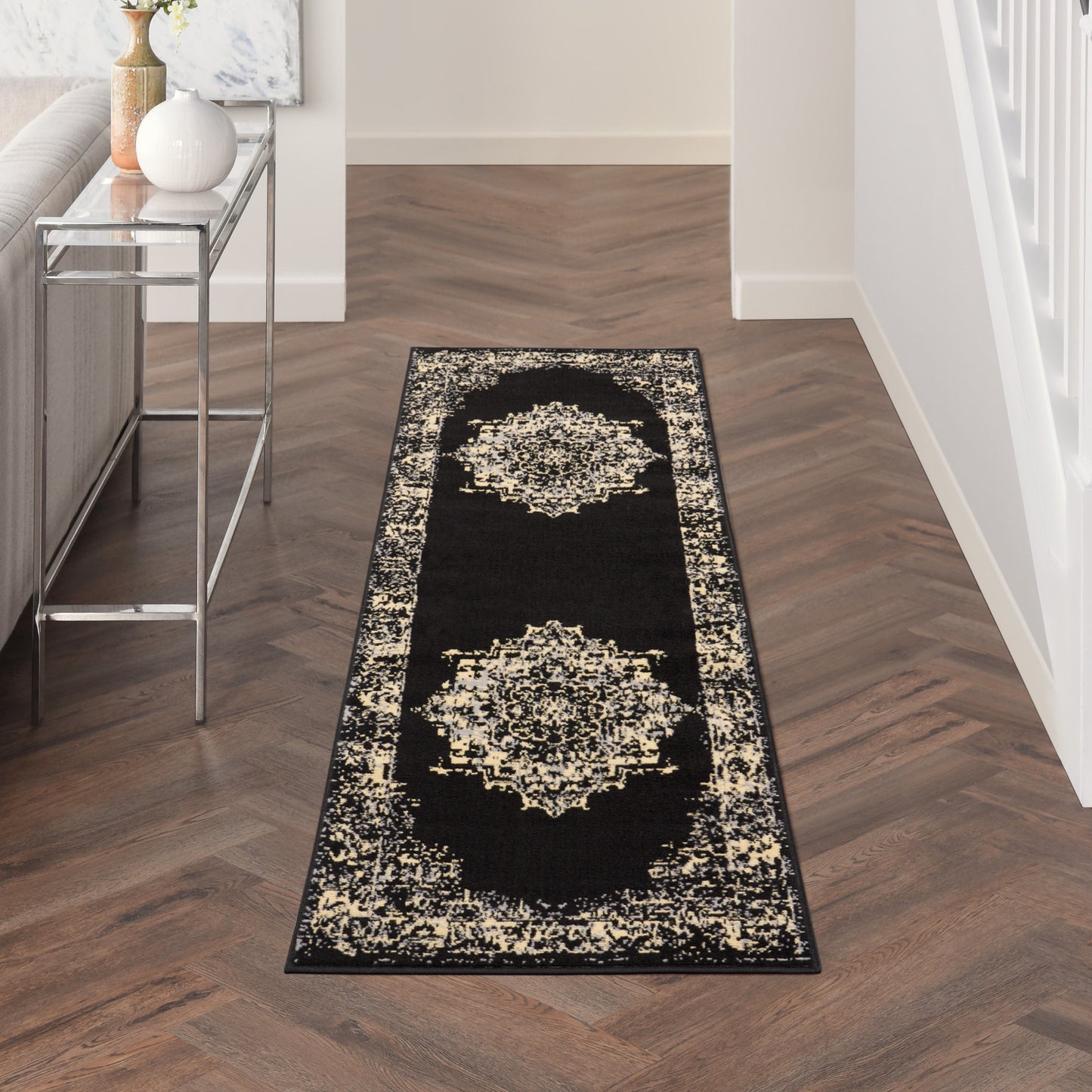 8' Cream Damask Power Loom Runner Rug