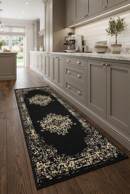 8' Cream Damask Power Loom Runner Rug