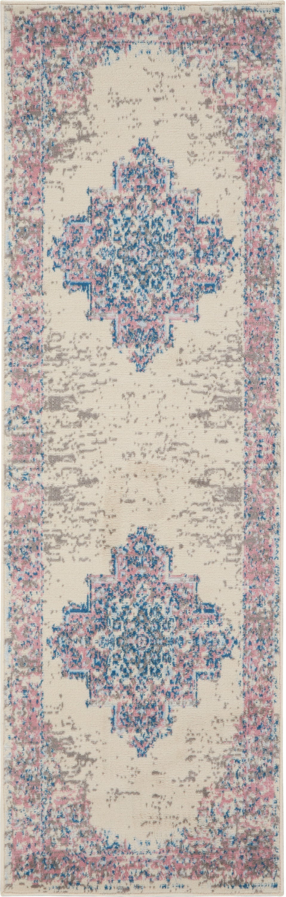 8' Pink Damask Power Loom Runner Rug