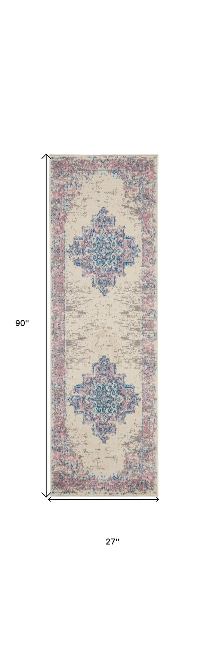 8' Pink Damask Power Loom Runner Rug