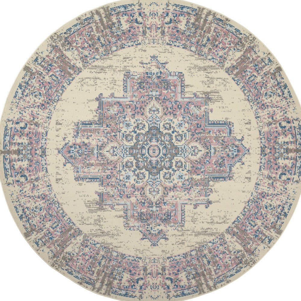 8' Pink Round Damask Power Loom Area Rug